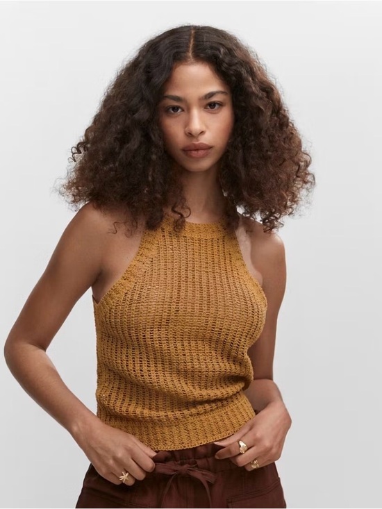 Mango Tops - Mango Open-Knit Halter Top in Mustard Bronze